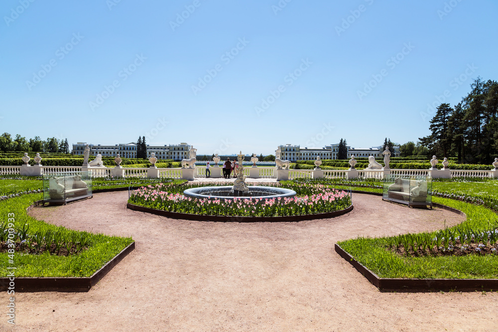 View of the Large parterre with a pink fountain and sculptures on a sunny summer day. Arkhangelsk Museum-Reserve.Moscow Region, Russia