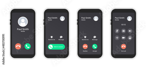 Phone call screen interface collection. Mobile phone display. Vector illustration. photo