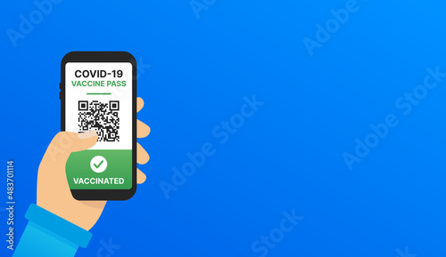 Covid-19 vaccine pass on mobile app icon vector. Vaccine passport on phone icon on blue background.