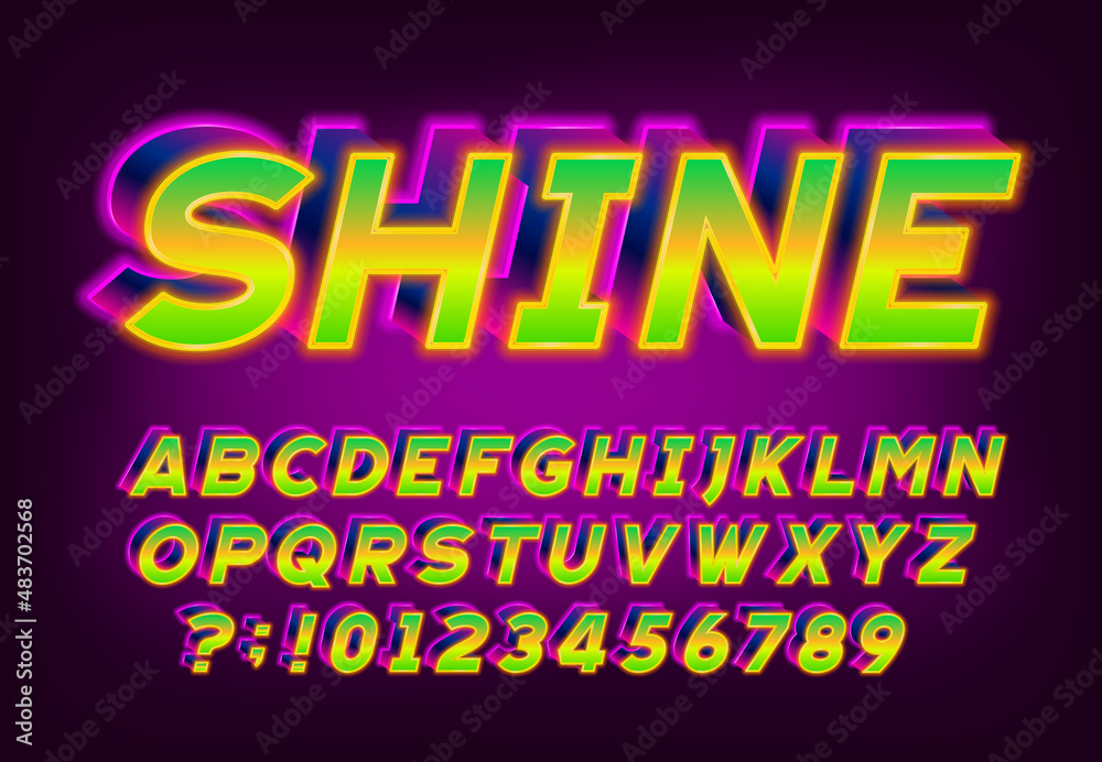 Shine alphabet font. 3D neon letters and numbers. Stock vector typeface for your typography in retro 80s style. Shine alphabet font. 3D neon letters and numbers. Stock vector typeface for your typography in retro 80s style.
