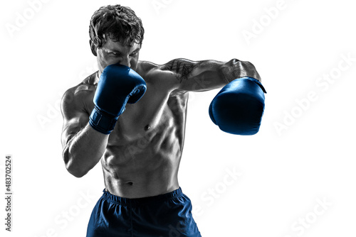 Portrait of boxer who practicing left hook in blue gloves on white background. Black and white body 