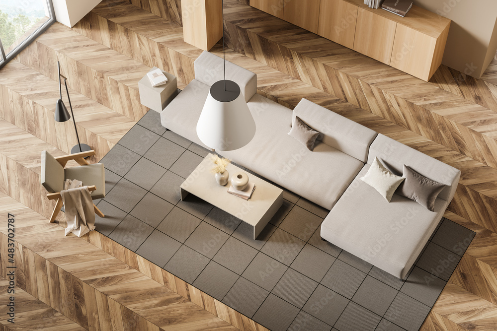 Top view of light living room interior with sofa and seat, coffee table