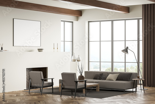 Light living room interior with armchairs and sofa near window, mockup poster © ImageFlow