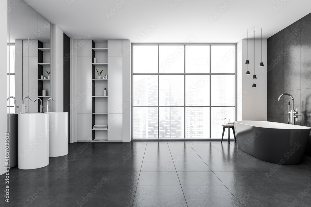 Obraz premium Modern bathroom interior with gray ceramic bathtub and two white sinks. Grey tiled flooring. Panoramic window. No people. 3d rendering.
