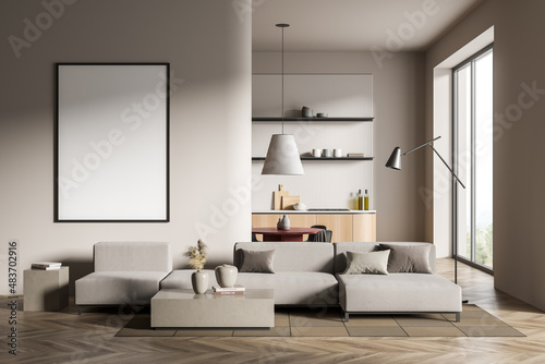 Copy space mockup wall with poster in villa living room  open space kitchen  design interior  modern furniture  hardwood flooring  huge couch. Concept of relax. 3d rendering