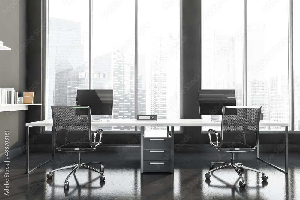 Dark grey office room interior with workplaces and panoramic windows