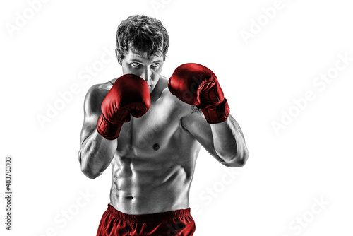 Half length of boxer in red gloves who stands on white background. Black and white silhouette