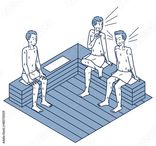 サウナ内で大声でおしゃべりをする男性のアイソメイラスト