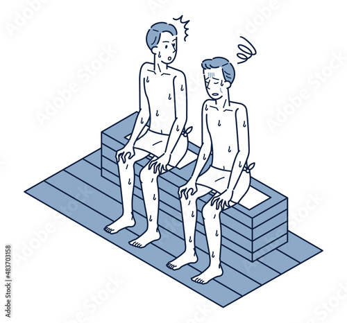 サウナで無理をして具合悪そうな男性と心配そうに見る男性のアイソメイラスト