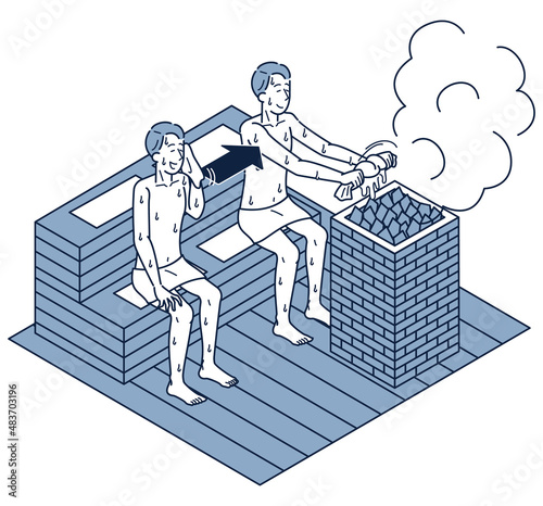 自分の汗を拭いたタオルをストーンにかけるマナー違反の男性のアイソメイラスト