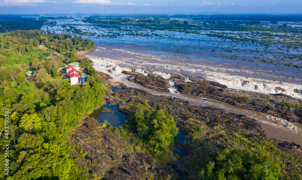 Aerial panoramic 4000 islands Mekong River in Laos, Li Phi waterfalls, famous travel destination backpacker in South East Asia. Aerial panoramic 4000 islands Mekong River in Laos, Li Phi waterfalls, famous travel destination backpacker in South East Asia.
