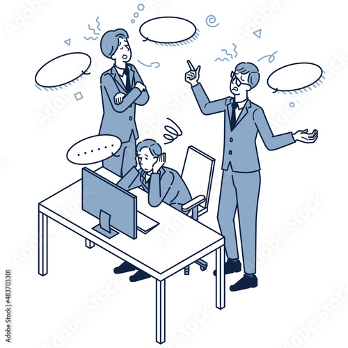 オフィスで説教やハラスメントを受けてうんざりしている男性会社員のアイソメイラスト