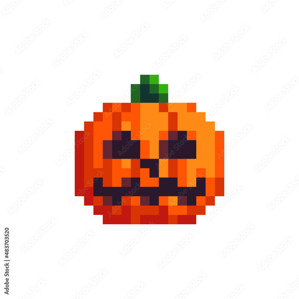 Pumpkin. 8 bit abstract creepy character pixel art icon. Happy Halloween. Design for logo, sticker, mobile app, website. Isolated vector illustration. Pumpkin. 8 bit abstract creepy character pixel art icon. Happy Halloween. Design for logo, sticker, mobile app, website. Isolated vector illustration.