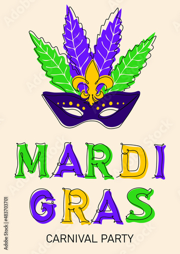 Mardi gras  carnival party design. Holiday poster or placard template in trendy line art style. Vector illustration
