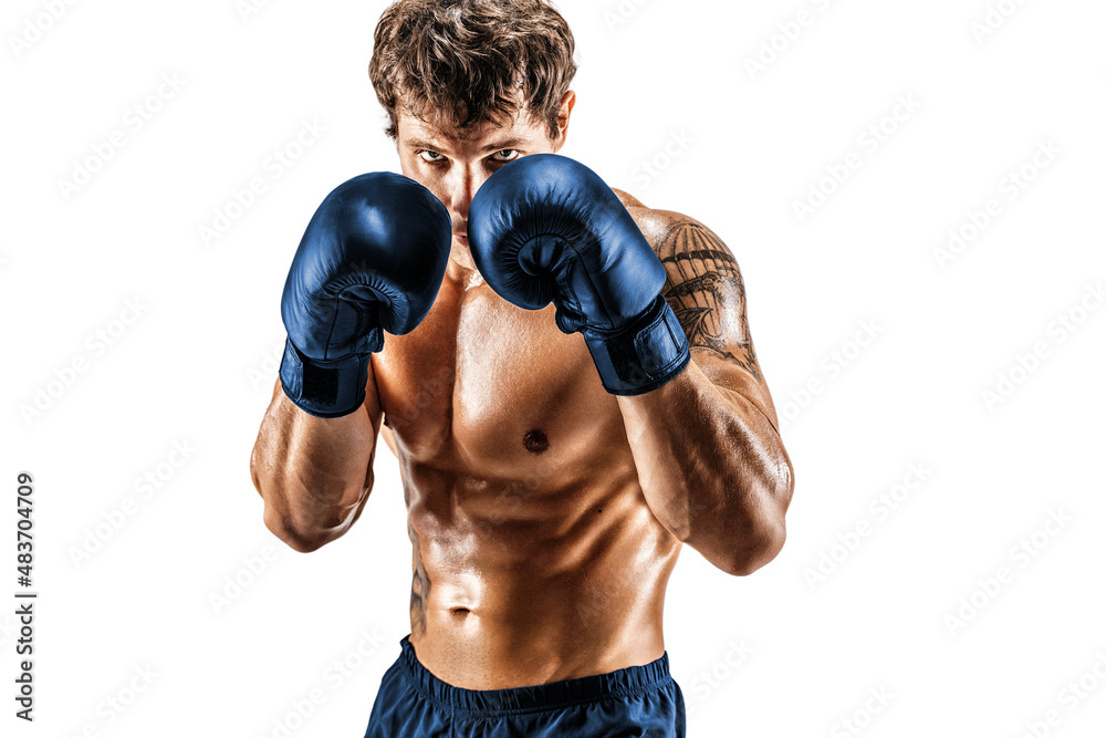 Portrait of muscular boxer in blue gloves who stands on white background. Sport concept 