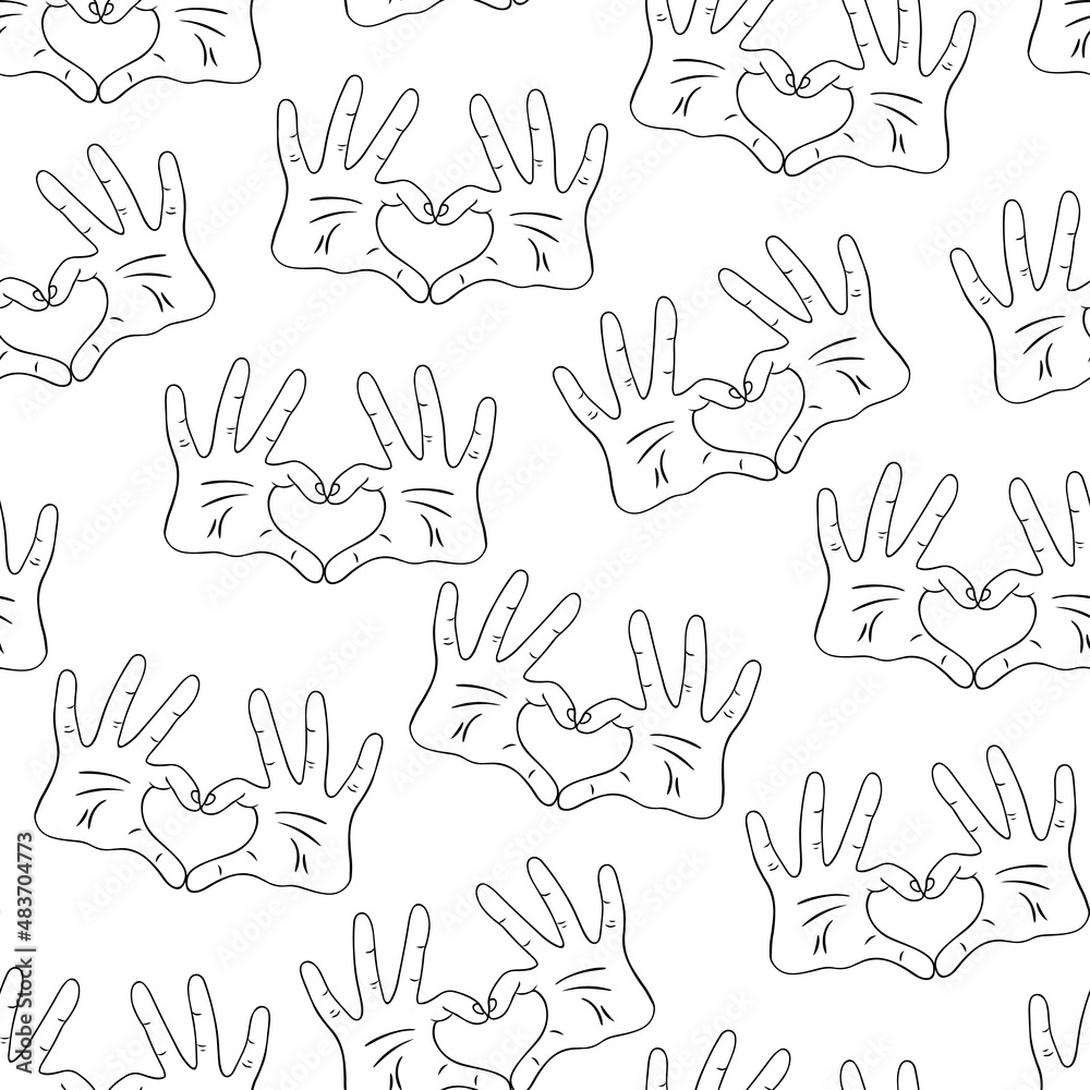 Romantic seamless pattern hands make heart sign. Vector illustration suitable for t-shirt design, label, fabric, wallpaper, stickers, etc. Romantic seamless pattern hands make heart sign. Vector illustration suitable for t-shirt design, label, fabric, wallpaper, stickers, etc.