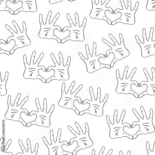 Romantic seamless pattern hands make heart sign. Vector illustration suitable for t-shirt design, label, fabric, wallpaper, stickers, etc. © Tatiana