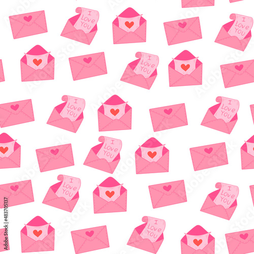 Vector seamless pattern, pink envelope with a letter on a white background. Romantic print for fabric, textile, valentine for Valentine s Day. © Tatiana