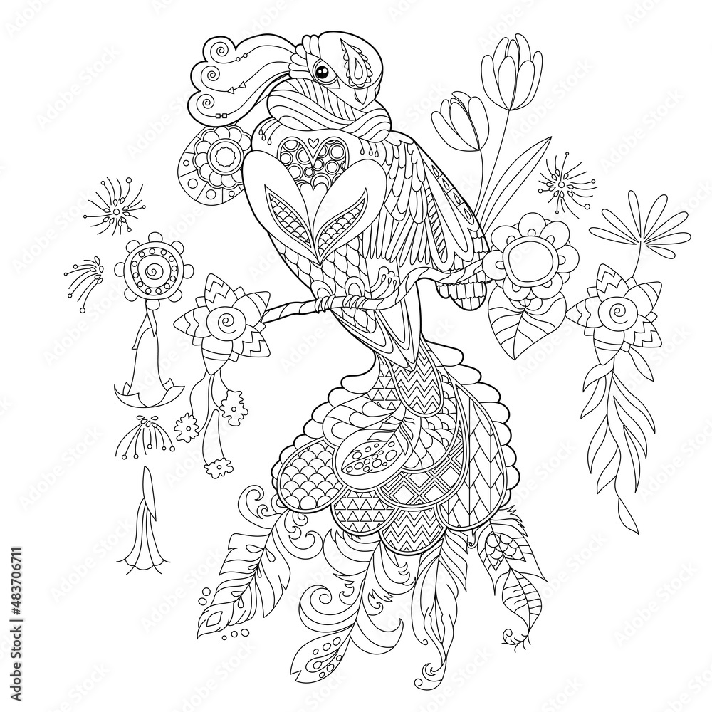 Naklejka premium Contour linear illustration for coloring book with paradise bird in flowers. Tropic bird, anti stress picture. Line art design for adult or kids in zen-tangle style, tattoo and coloring page.