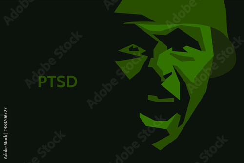 vector polygonal camouflage portrait of a soldier in a helmet who screams in desperation. war veteran has depression, mental health and emotion problems, post-traumatic stress disorder, rehabilitation