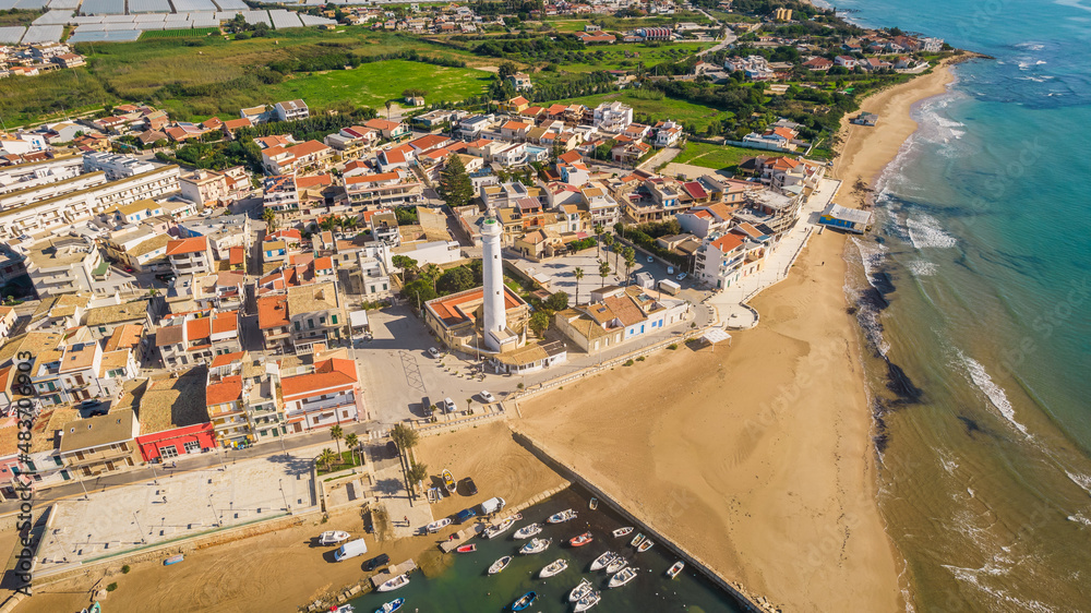 Aerial View of Punta Secca and Mediterranean Sea, Santa Croce Camerina, Ragusa, Sicily, Italy, Europe