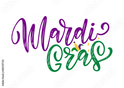 Mardi Gras hand-sketched typography in green and purple colors decorated by funny hat. Mardi Gras traditional festival lettering logo