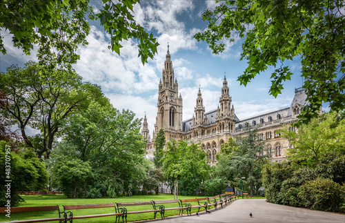 Parks of Vienna, Austria, view with City hall. Summer day. The Vienna City Hall is located on Friedrich Schmidt Square in the 1st arrondissement, Vienna.