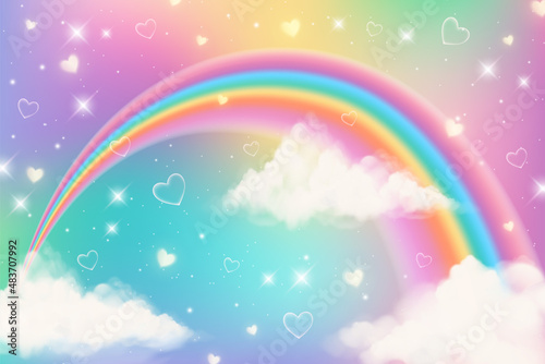 Obraz na plátně Holographic fantasy rainbow unicorn background with clouds