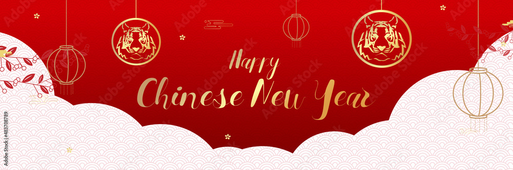 Chinese new year. Year of the tiger. Gold Asian elements hanging on Red background with a cloud. Vector illustration