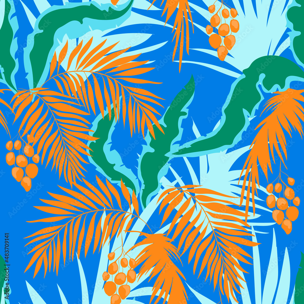Plakat Tropical vector pattern with palm leaves. Exotic style. Seamless botanical print for textile, print, fabric on color background