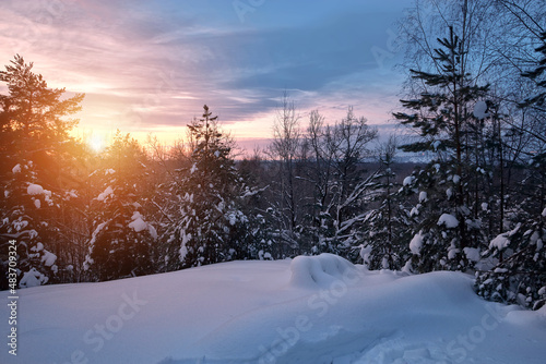 Majestic winter landscape. Winter sunrise in the forest.