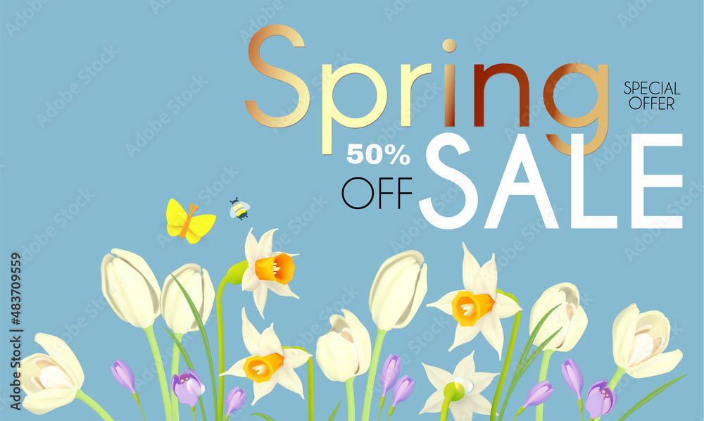 Spring sale poster template with butterflies, bees, water drops and crocus flowers. Season offer.