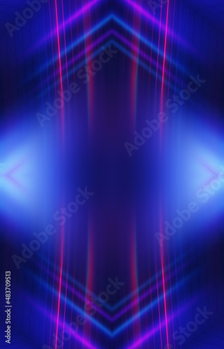 Dark abstract background with neon lines, waves, glow. Empty gra