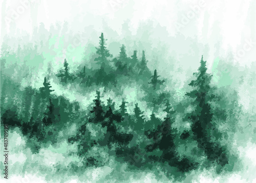 Beautiful misty spruce forest. Vector illustration of turquoise color, drawn by hand. Interior design, wallpaper, screensaver, cover, background, wallpaper, book illustration. © t.karnash