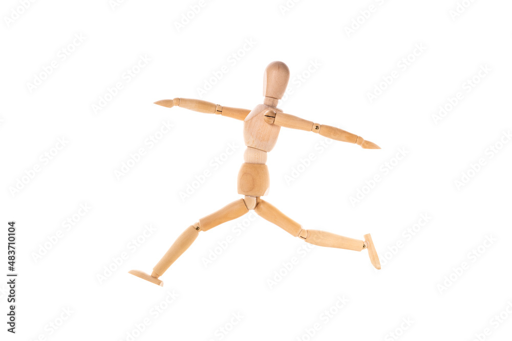 wooden man running arms outstretched isolated on white background wooden man running arms outstretched isolated on white background