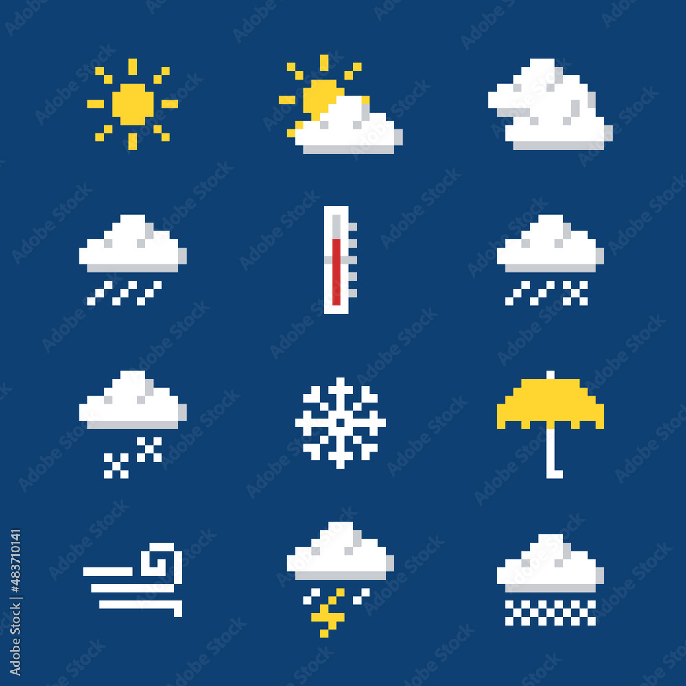 Set of pixel weather icons Set of pixel weather icons