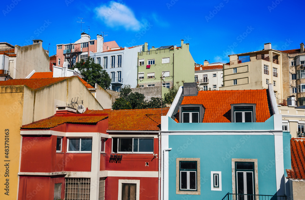 Alfama Lisboa district narrow typical colored houses. Lisbon, Portugal