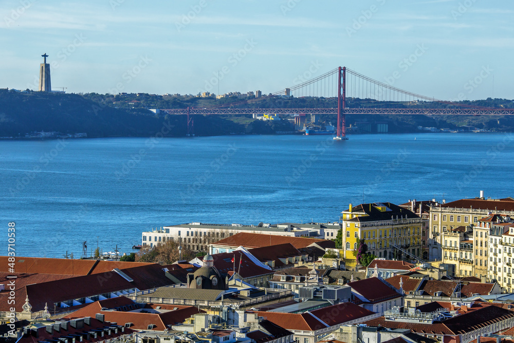 Lisboa Tago River 25th april bridge aerial panorama. Lisbon, Portugal