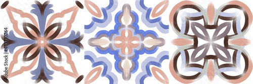 Set of watercolor illustrations - ceramic tile stylization with color ornaments. Azulejos portugal, Turkish ornament, Moroccan tile mosaic, Talavera ornament.