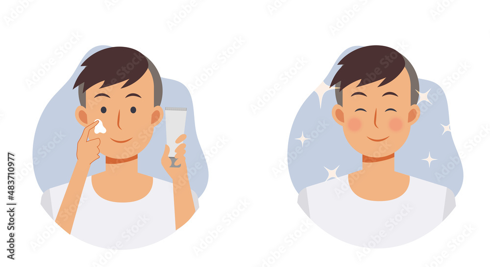 Skin care concept.facial treatment. A man is using cream on his face,Before After.Flat vector illustration Skin care concept.facial treatment. A man is using cream on his face,Before After.Flat vector illustration