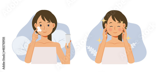 Skin care concept.facial treatment. woman is using cream on her face,Before After.Flat vector illustration