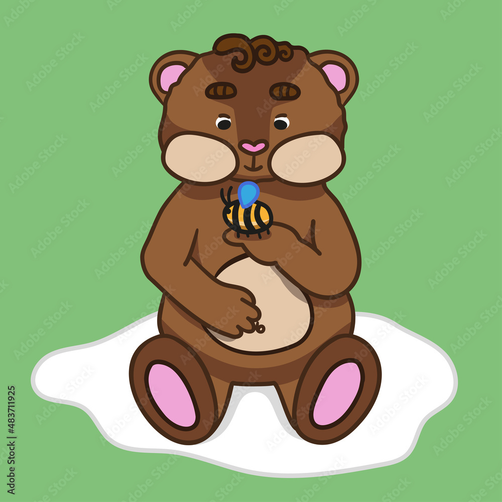 Fototapeta premium Cute baby cartoon bear and small bee