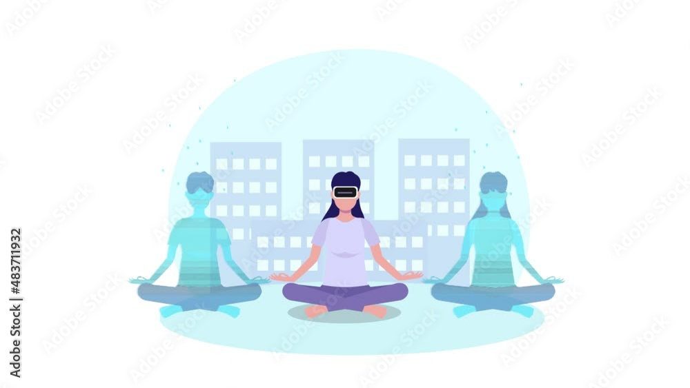 Young woman training yoga in the metaverse