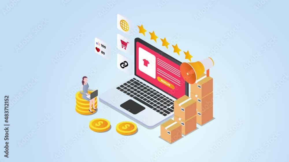 Female reseller using a laptop on stack of coin Female reseller using a laptop on stack of coin