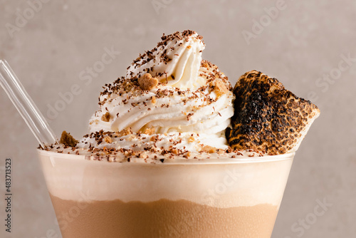 S'mores cocktail topped with whipped cream, crumbled graham crackers, shaved chocolate, and a toasted marshmallow.