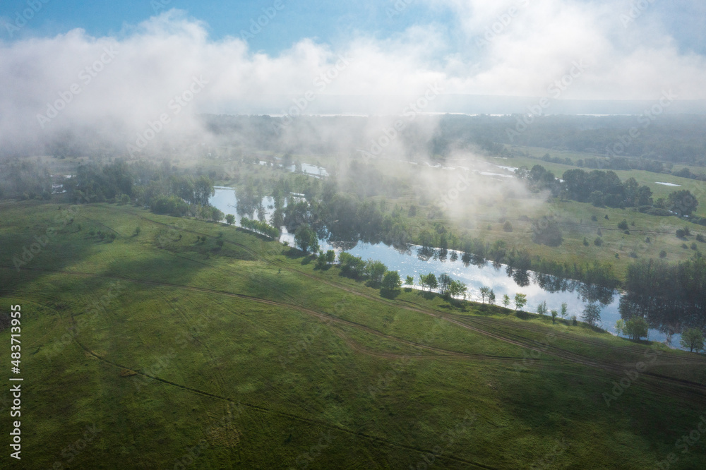 aerial landscape  Zhiguli mountains Samarskaya Luka National Park  Volga River