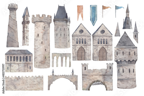 Fairytale castle constructor. Clip art with towers, flags, roofs, gates. Architecture elements isolated on white photo