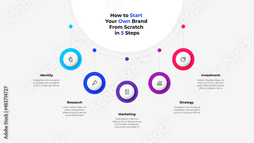 Flowchart diagram with 5 circle elements. Concept of business project hierarchy visualization with five options. Infographic design template photo