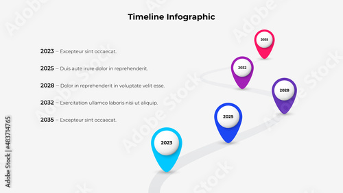 Vector infographic timeline template with 5 markers on a curved line