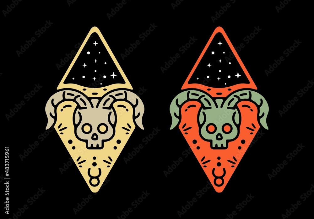 two colorful skull with curved horns illustration